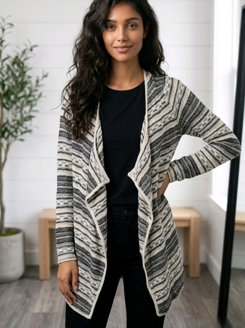 Maurices Cardigan XS Black Ivory Metallic Textured Knit Luxe Cascade Open Front
